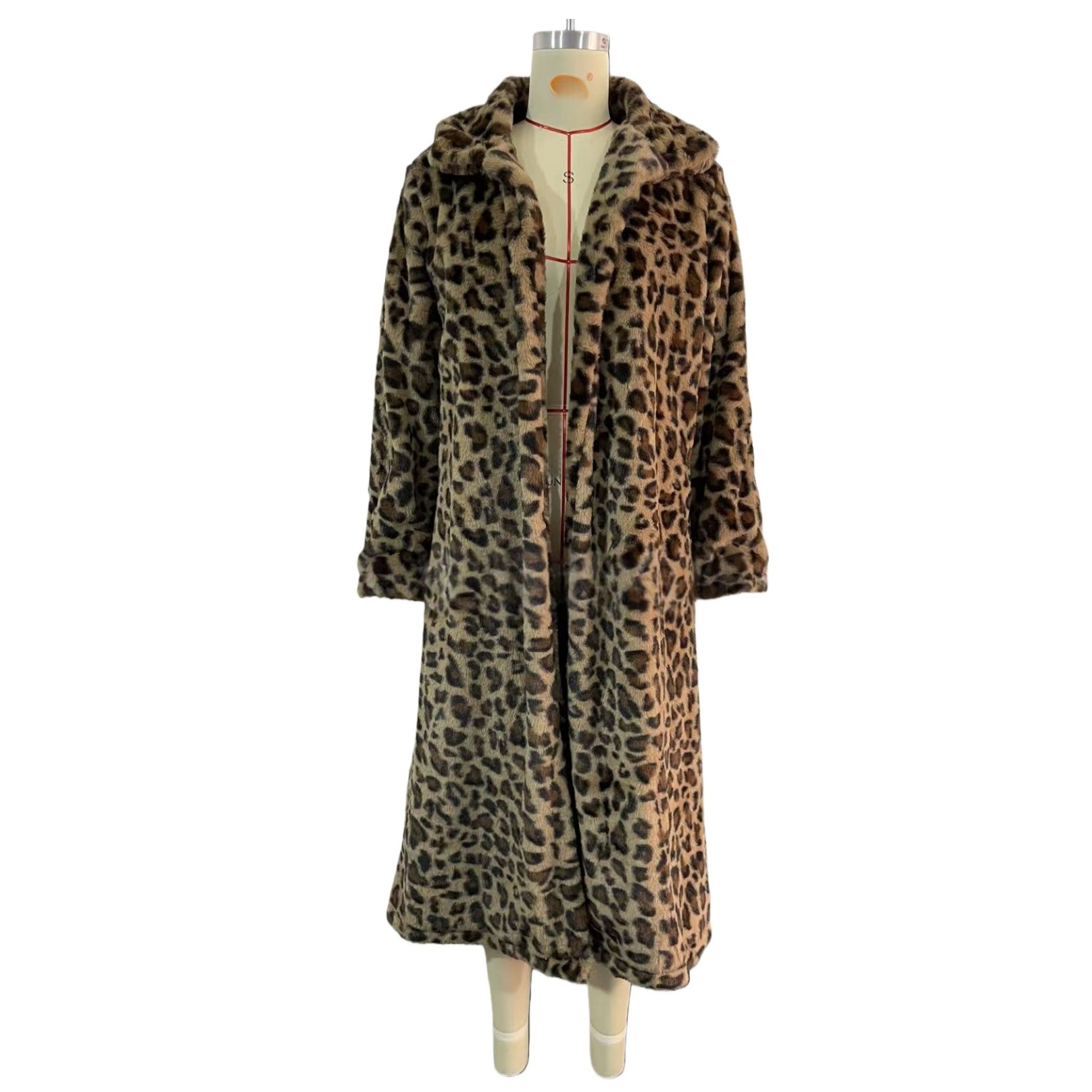 Elegant Leopard Fur Long Coat Winter Loose Fur Overcoat Thick Warm Plush Jacket